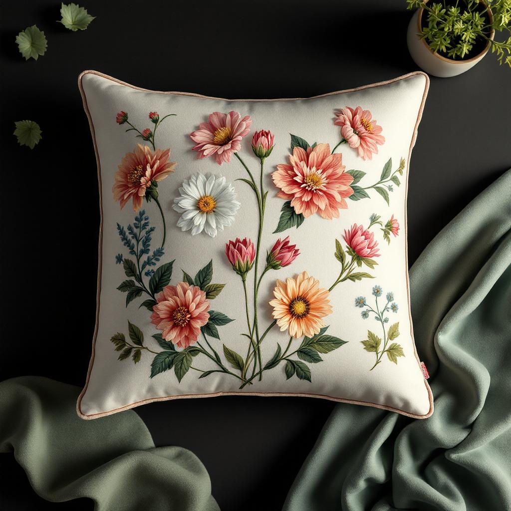 Whimsical Garden Throw Pillow — Charming embroidered throw pillow featuring a vibrant floral design, perfect for